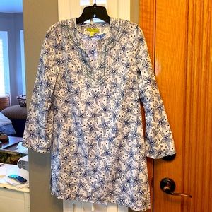 Sigrid Olsen blue and white starfish beaded embroidered dress size S